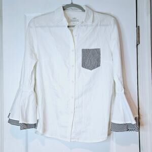 Trovata Birds of Paradis White Cotton Button Down Shirt with Striped Pocket